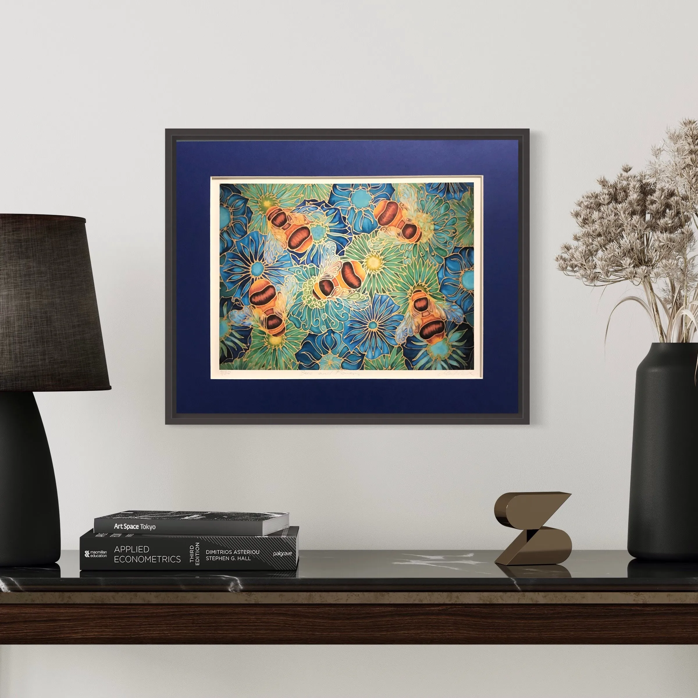 Bees & Flowers Art Print - Blue Green Bees Print- Bumble Bee Print
