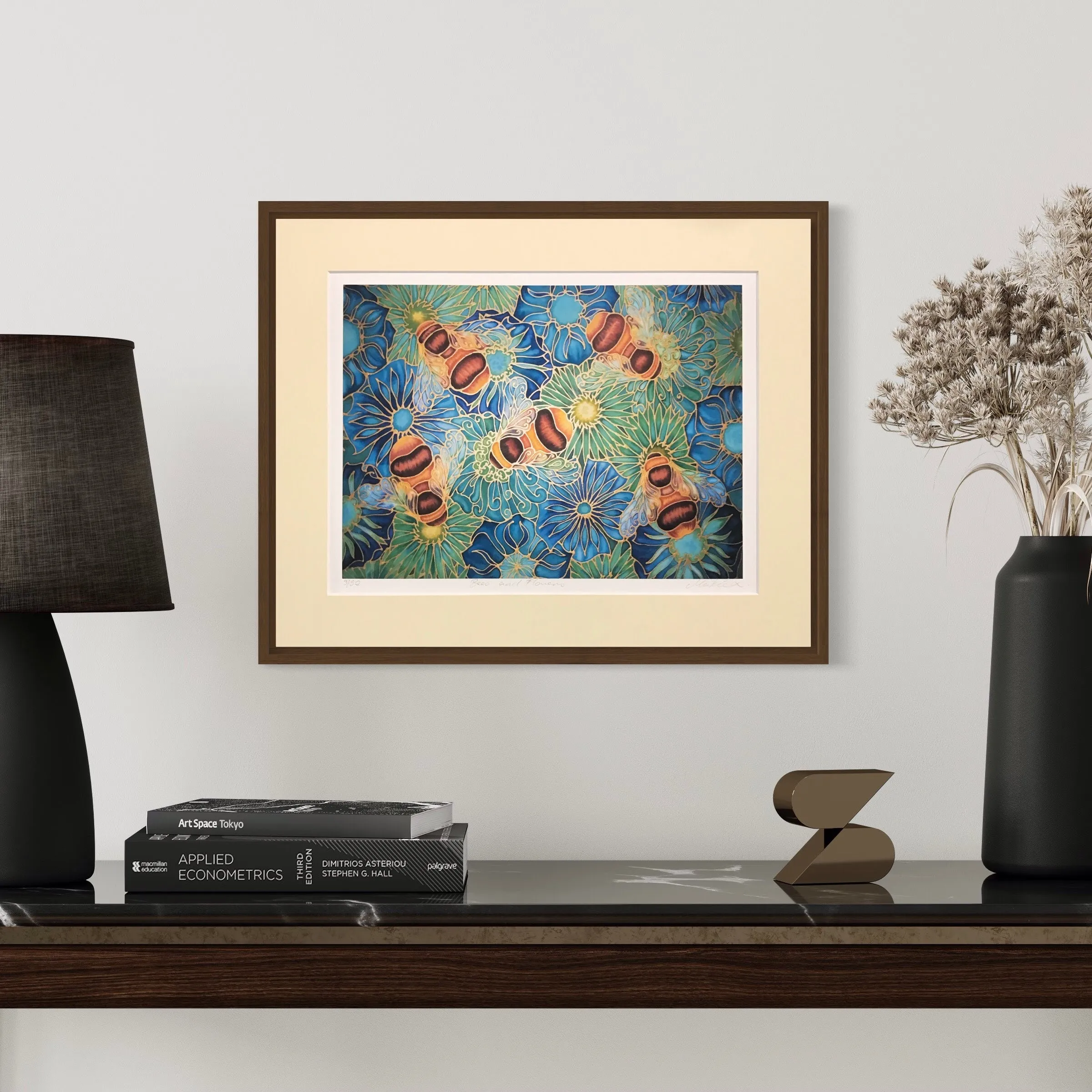 Bees & Flowers Art Print - Blue Green Bees Print- Bumble Bee Print