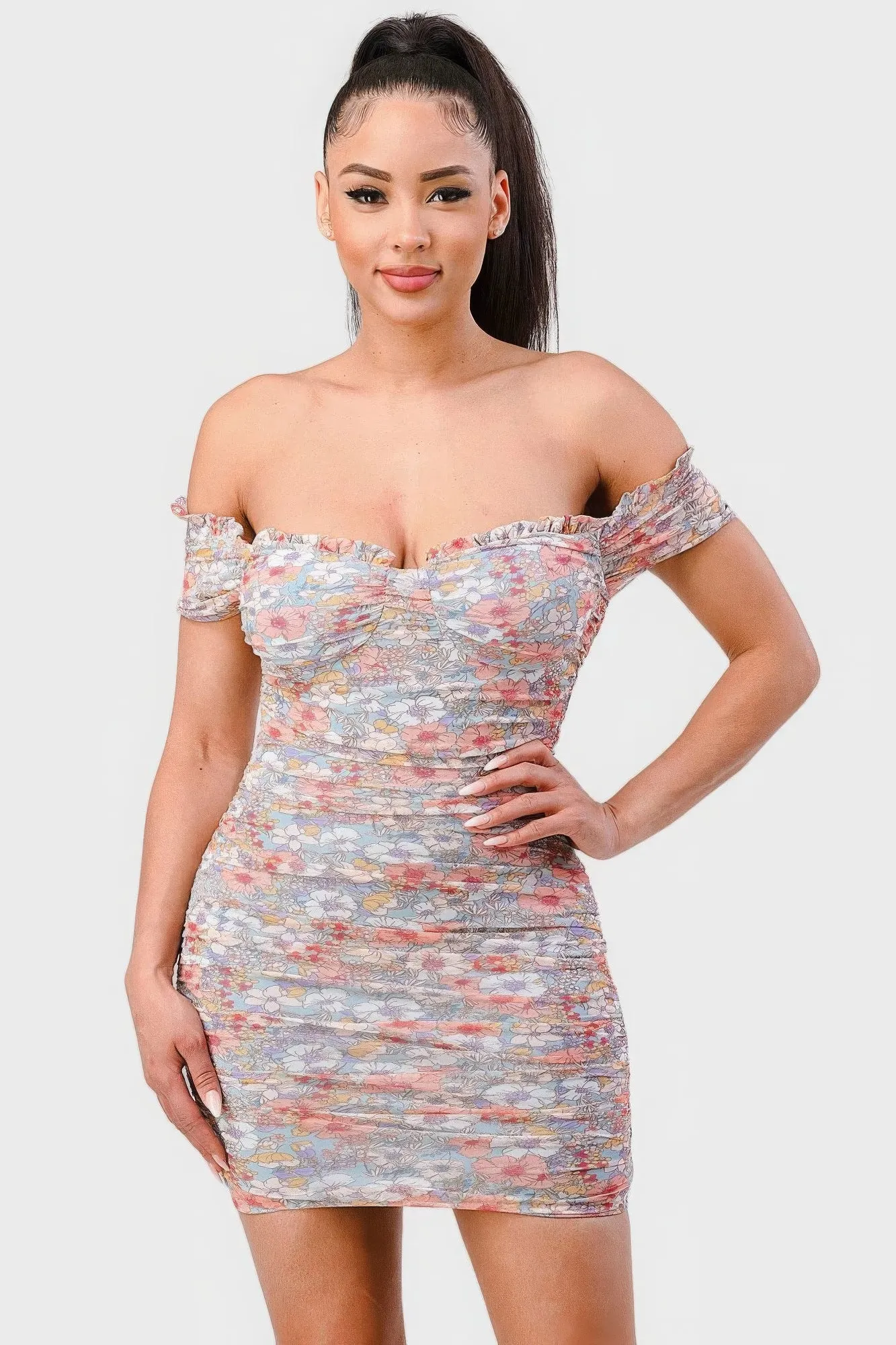 Floral Print Mesh Sweetheart Ruffled Off Shoulder Ruched Summer Mini Dress