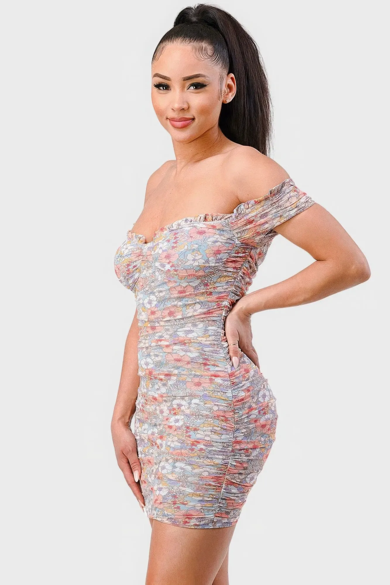 Floral Print Mesh Sweetheart Ruffled Off Shoulder Ruched Summer Mini Dress