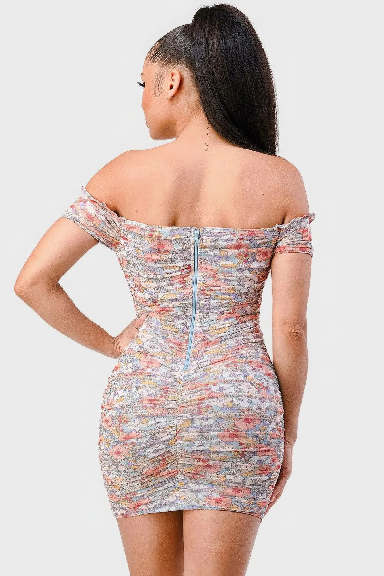 Floral Print Mesh Sweetheart Ruffled Off Shoulder Ruched Summer Mini Dress