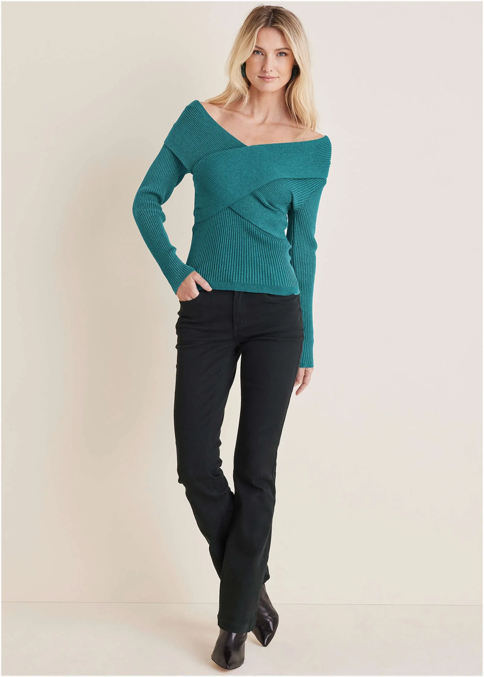 Ribbed Knit Wrap Sweater  - Deep Lake
