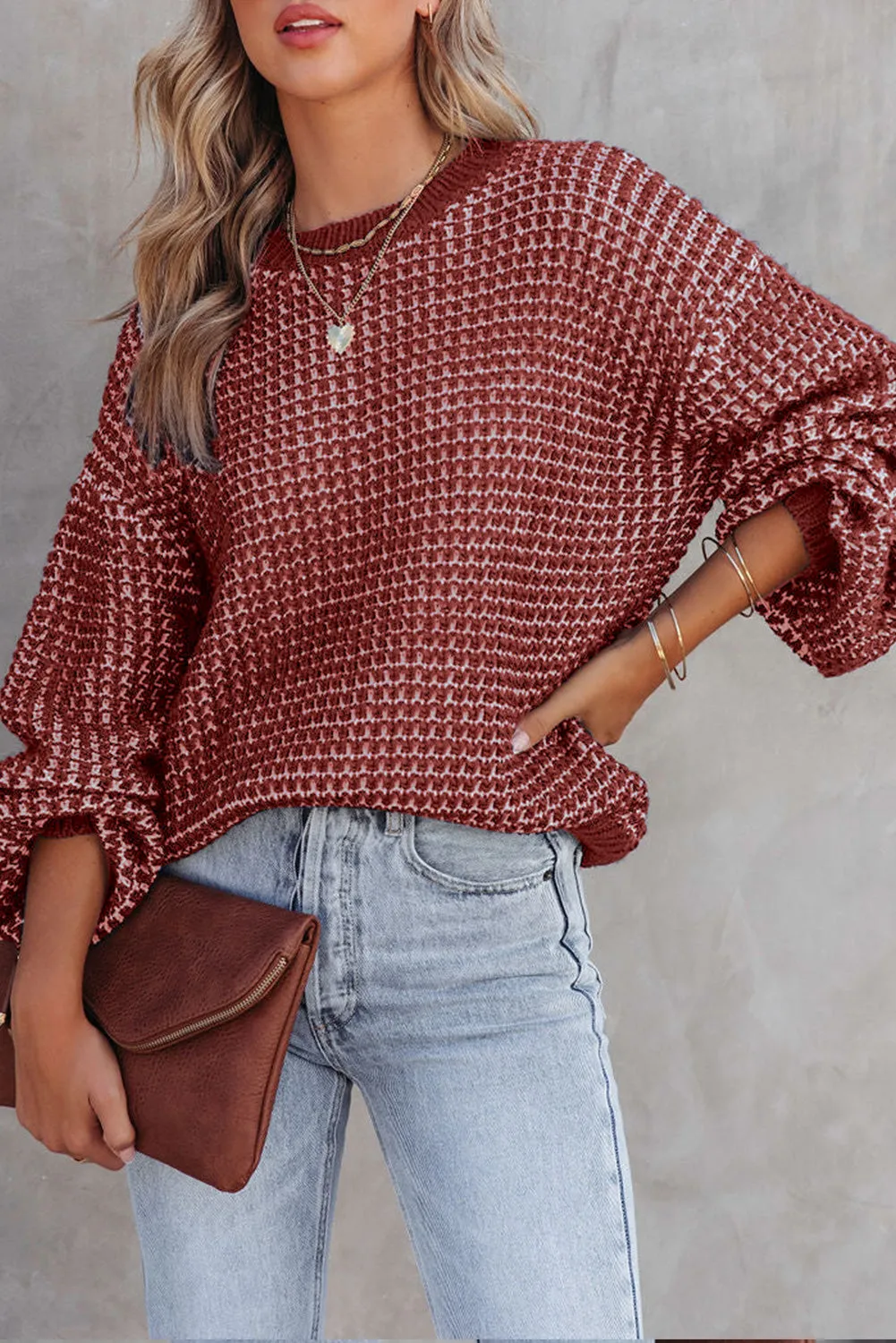 Women's Heathered Knit Drop Shoulder Puff Sleeve Sweater