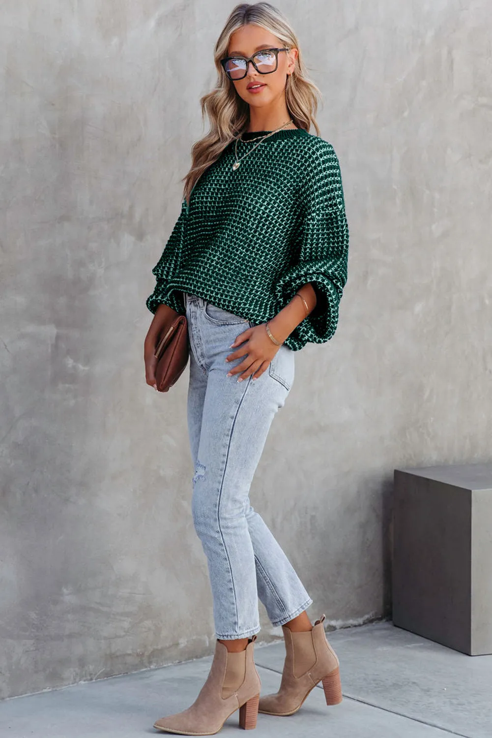 Women's Heathered Knit Drop Shoulder Puff Sleeve Sweater