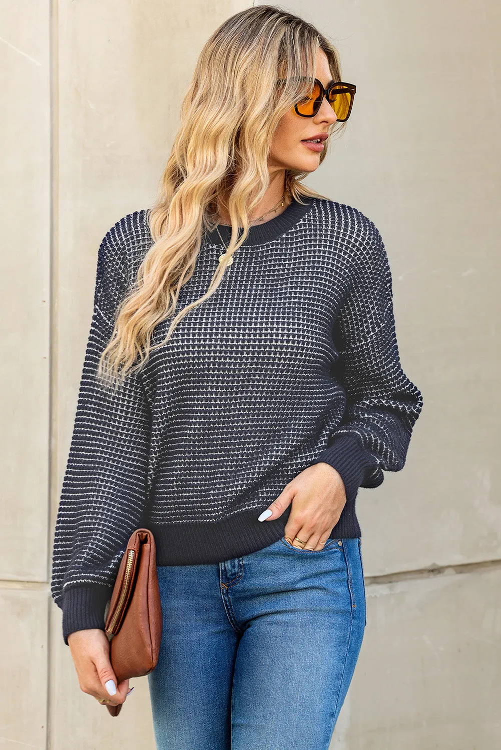 Women's Heathered Knit Drop Shoulder Puff Sleeve Sweater