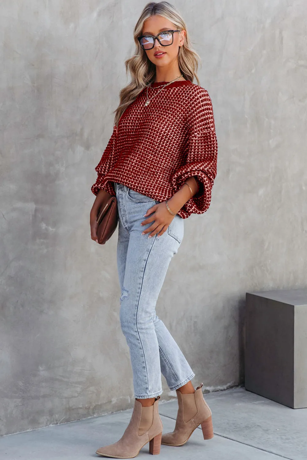 Women's Heathered Knit Drop Shoulder Puff Sleeve Sweater
