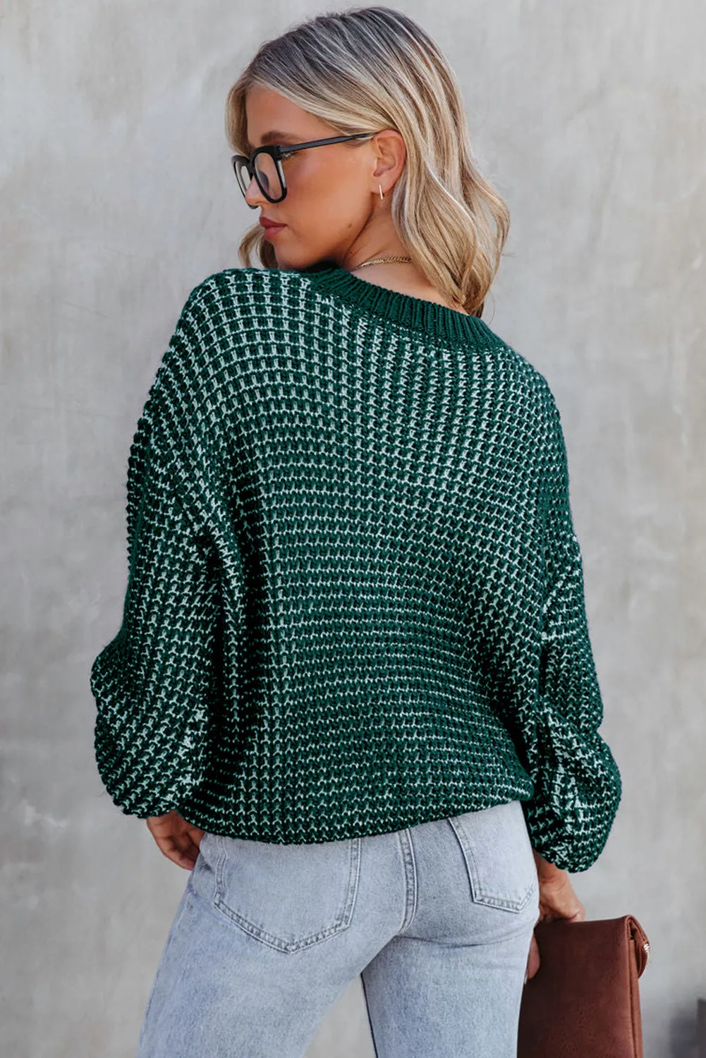Women's Heathered Knit Drop Shoulder Puff Sleeve Sweater