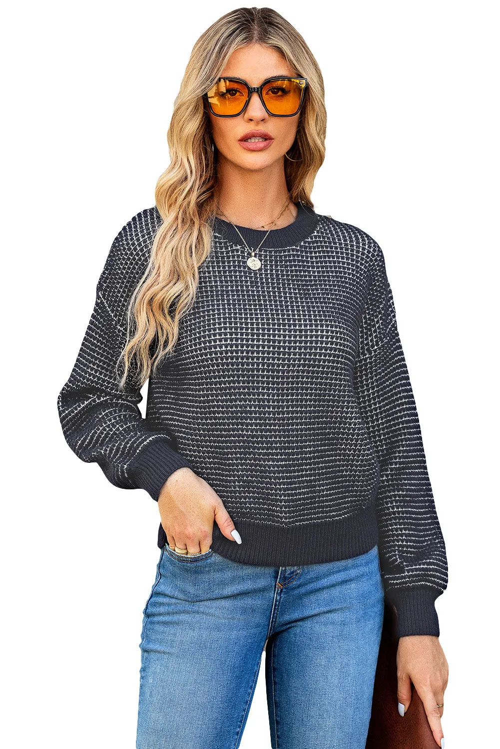 Women's Heathered Knit Drop Shoulder Puff Sleeve Sweater