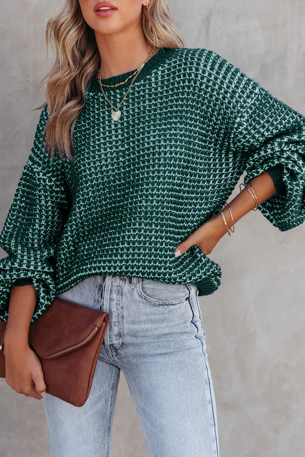 Women's Heathered Knit Drop Shoulder Puff Sleeve Sweater