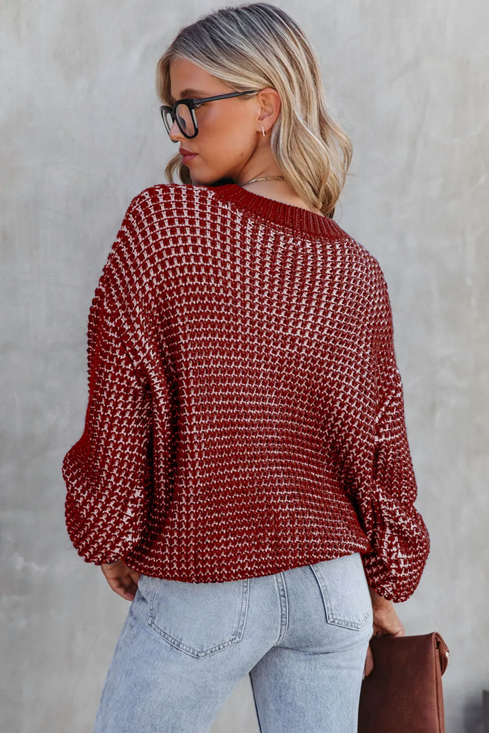 Women's Heathered Knit Drop Shoulder Puff Sleeve Sweater