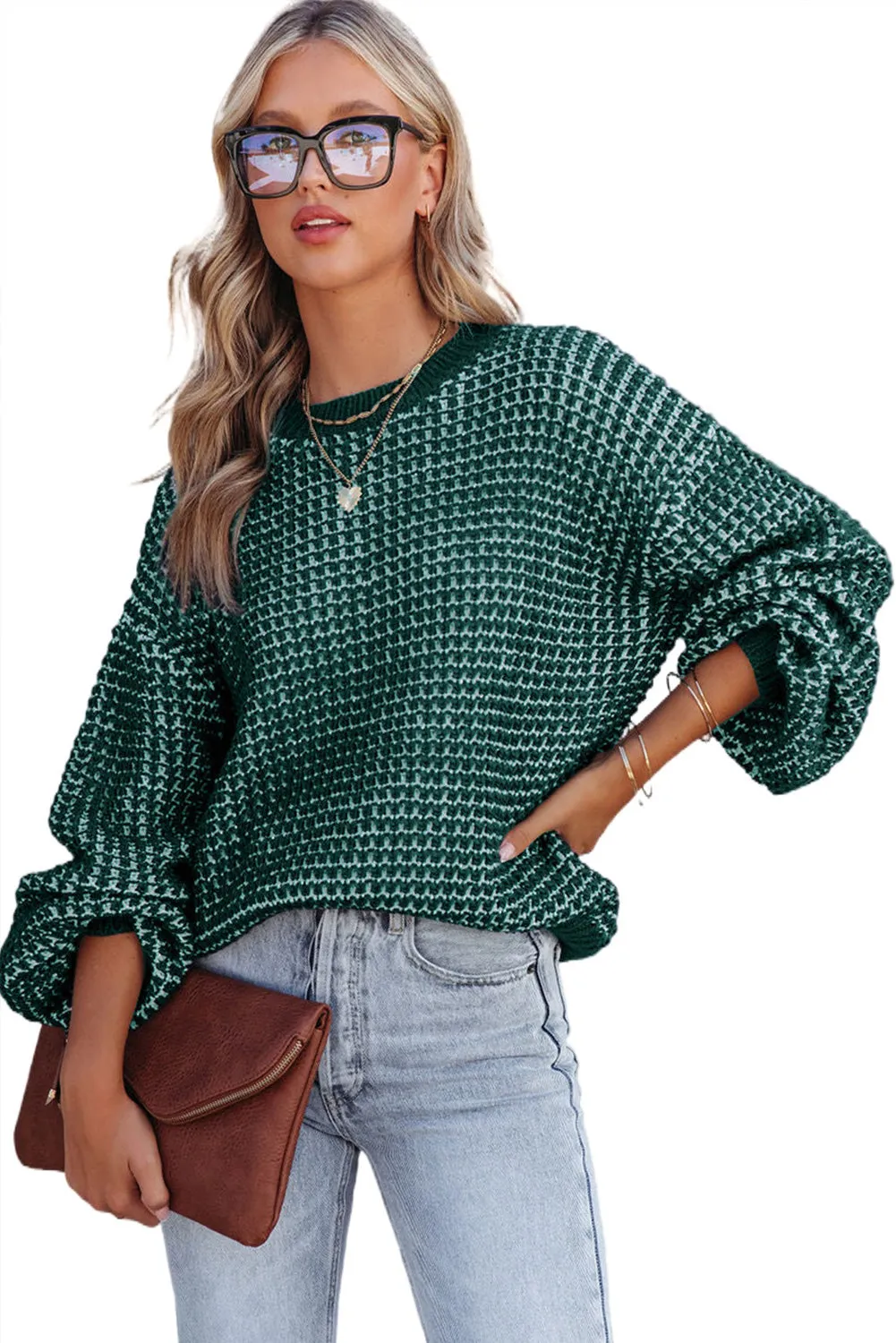 Women's Heathered Knit Drop Shoulder Puff Sleeve Sweater