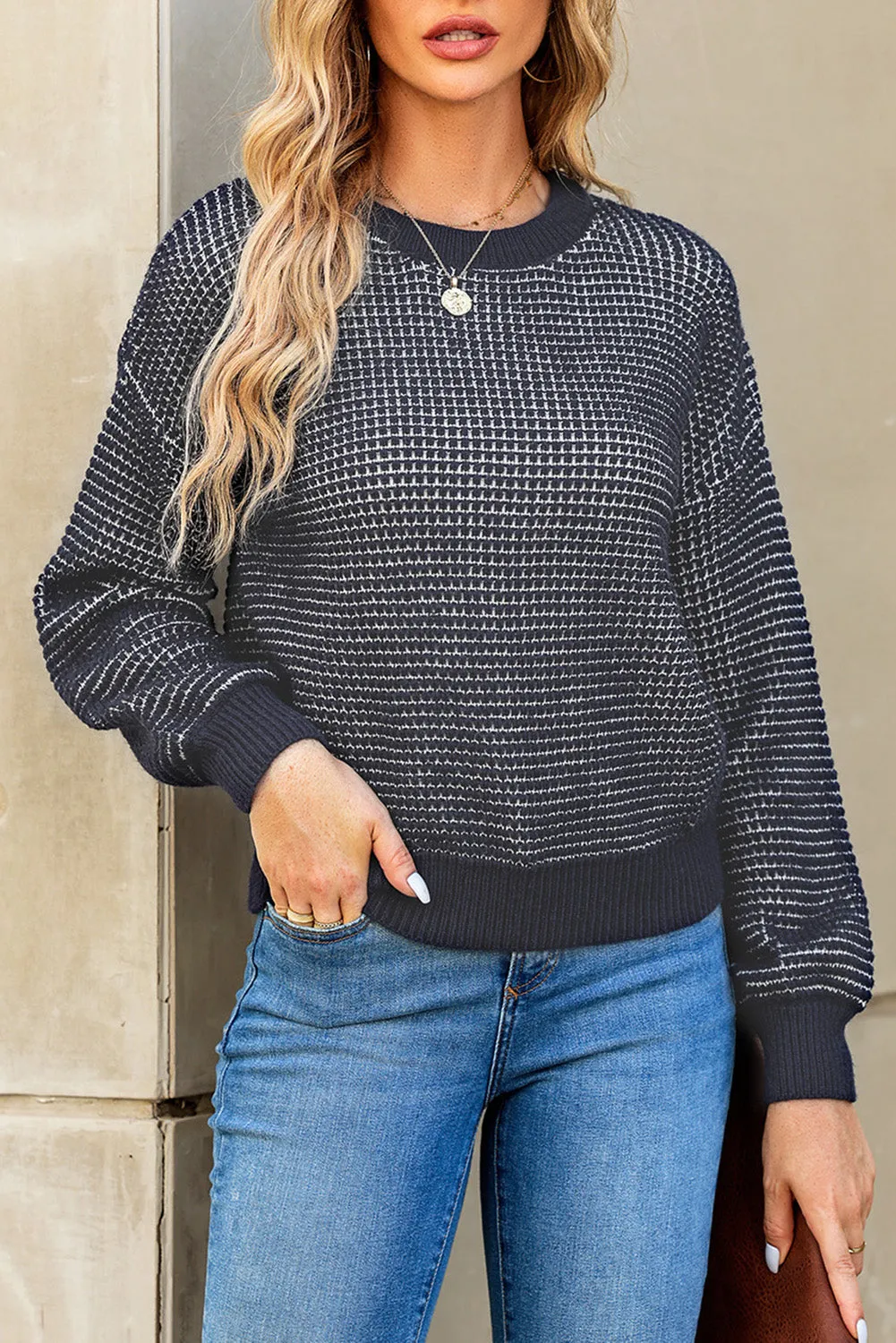 Women's Heathered Knit Drop Shoulder Puff Sleeve Sweater