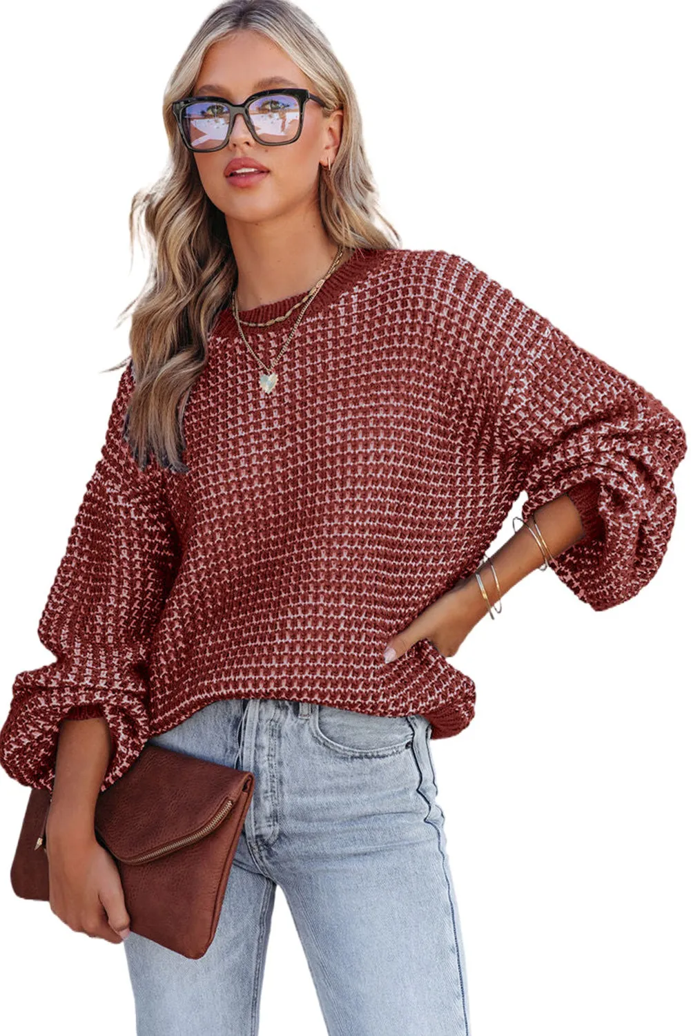 Women's Heathered Knit Drop Shoulder Puff Sleeve Sweater