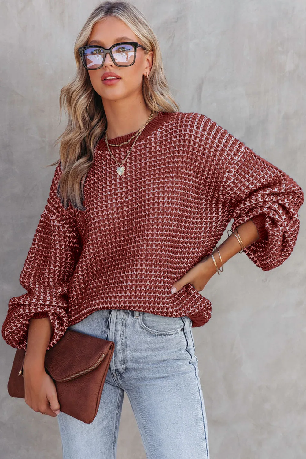 Women's Heathered Knit Drop Shoulder Puff Sleeve Sweater
